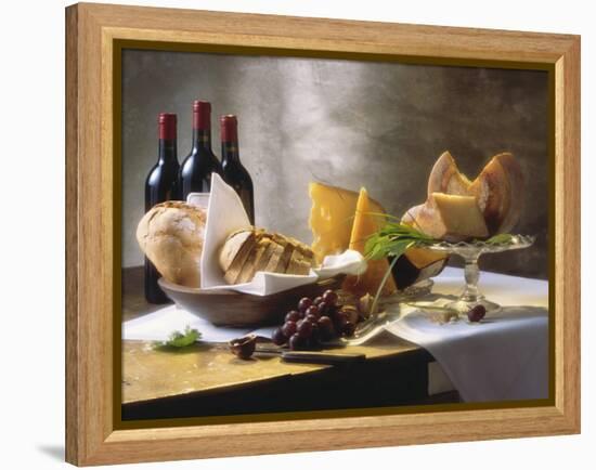 Assorted Types of Cheese with Bread, Red Wine-null-Framed Premier Image Canvas