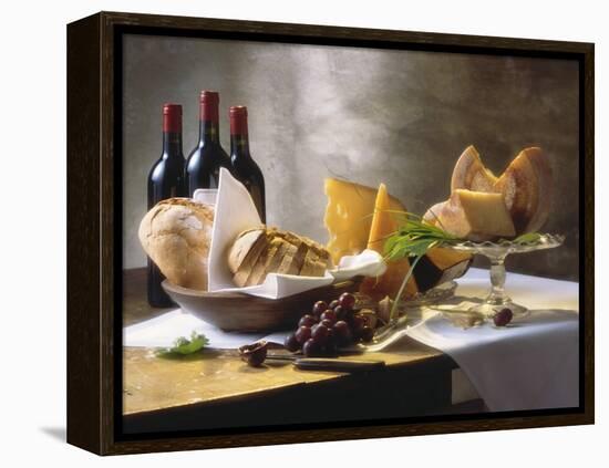 Assorted Types of Cheese with Bread, Red Wine-null-Framed Premier Image Canvas