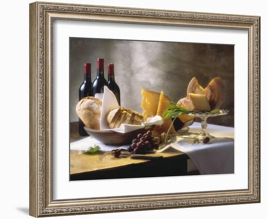 Assorted Types of Cheese with Bread, Red Wine-null-Framed Photographic Print