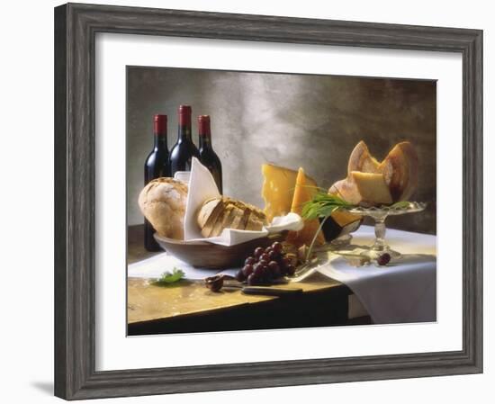 Assorted Types of Cheese with Bread, Red Wine-null-Framed Photographic Print