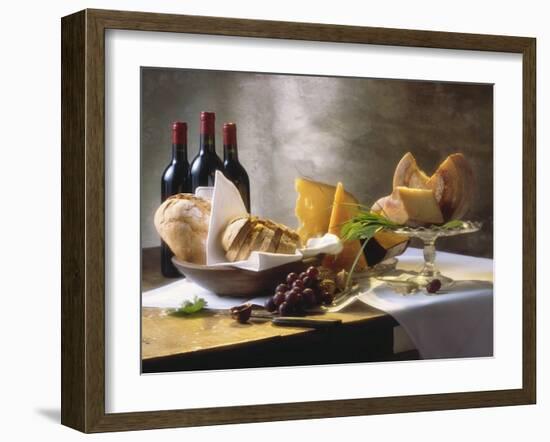 Assorted Types of Cheese with Bread, Red Wine-null-Framed Photographic Print