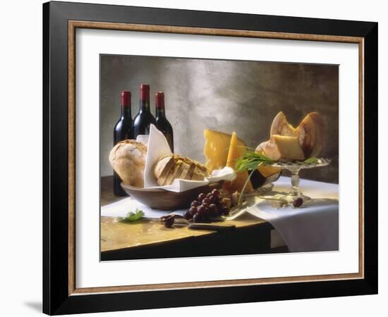 Assorted Types of Cheese with Bread, Red Wine-null-Framed Photographic Print