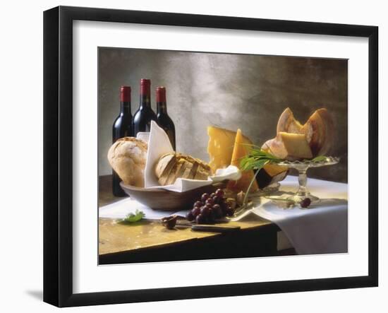 Assorted Types of Cheese with Bread, Red Wine-null-Framed Photographic Print