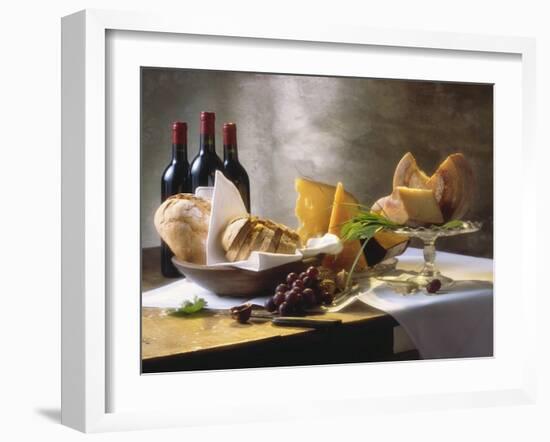 Assorted Types of Cheese with Bread, Red Wine-null-Framed Photographic Print