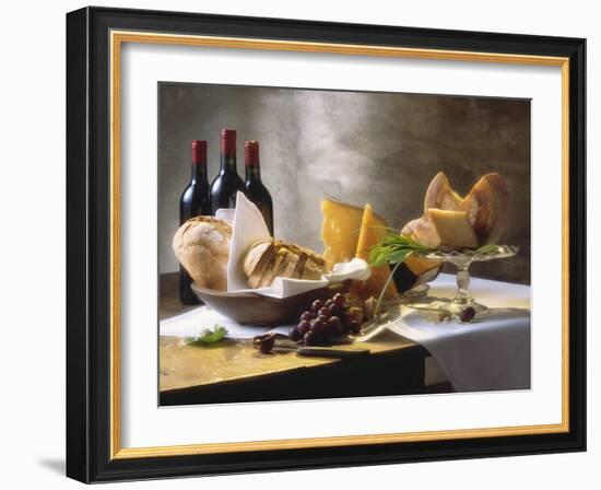 Assorted Types of Cheese with Bread, Red Wine-null-Framed Photographic Print