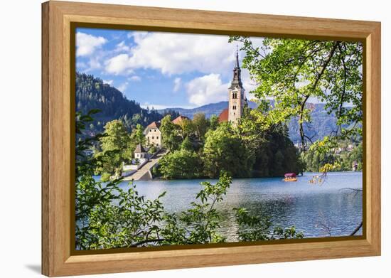 Assumption of Mary Church on an island at Lake Bled, Gorenjska, Balkan Peninsula, Carniola, Sloveni-Miva Stock-Framed Premier Image Canvas