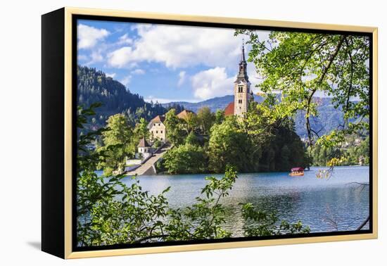 Assumption of Mary Church on an island at Lake Bled, Gorenjska, Balkan Peninsula, Carniola, Sloveni-Miva Stock-Framed Premier Image Canvas