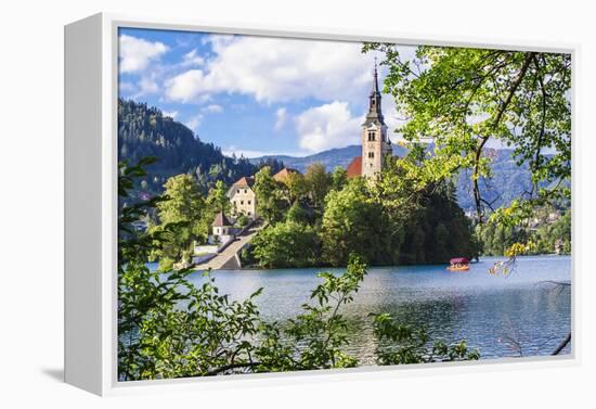 Assumption of Mary Church on an island at Lake Bled, Gorenjska, Balkan Peninsula, Carniola, Sloveni-Miva Stock-Framed Premier Image Canvas