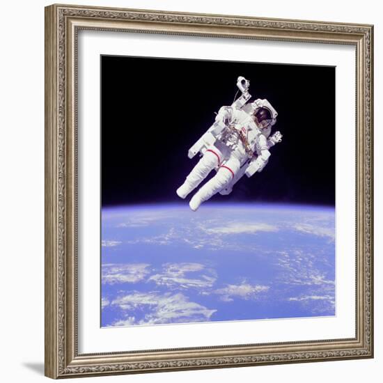 Astronaut Bruce Mccandless in Floating Weightless 320 Feet from the Space Shuttle Challenger-null-Framed Photo