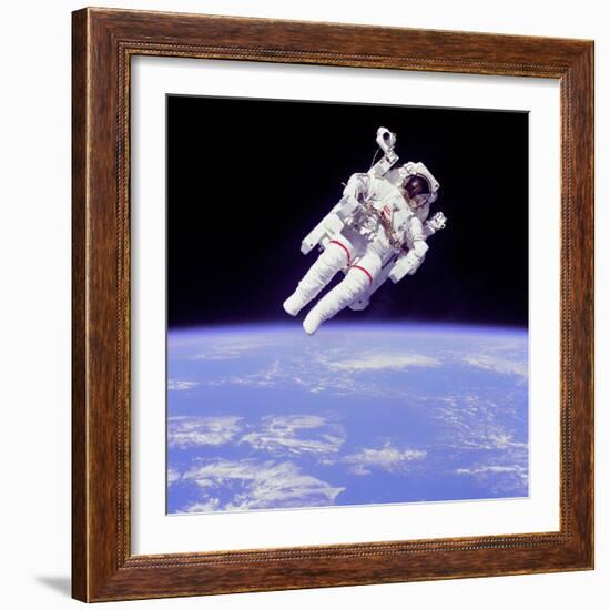 Astronaut Bruce Mccandless in Floating Weightless 320 Feet from the Space Shuttle Challenger-null-Framed Photo