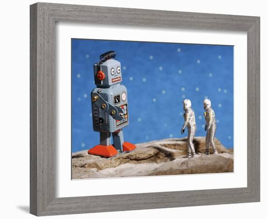 Astronaut Figurines Meeting Space Robot-null-Framed Photographic Print
