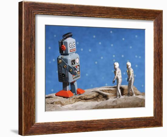 Astronaut Figurines Meeting Space Robot-null-Framed Photographic Print