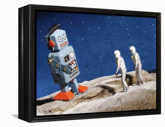 Astronaut Figurines Standing Beside Gray Toy Rocket-null-Framed Premier Image Canvas