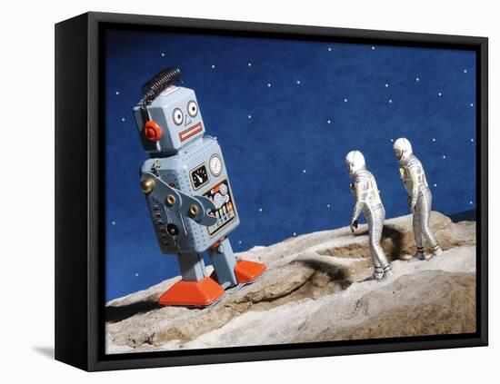 Astronaut Figurines Standing Beside Gray Toy Rocket-null-Framed Premier Image Canvas