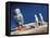 Astronaut Figurines Standing Beside Gray Toy Rocket-null-Framed Premier Image Canvas