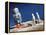 Astronaut Figurines Standing Beside Gray Toy Rocket-null-Framed Premier Image Canvas