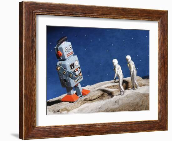 Astronaut Figurines Standing Beside Gray Toy Rocket-null-Framed Photographic Print