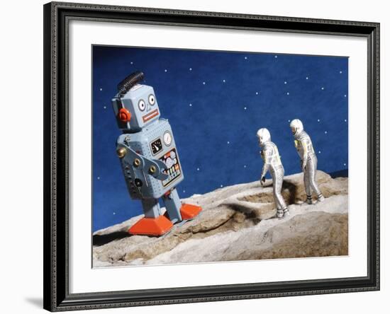 Astronaut Figurines Standing Beside Gray Toy Rocket-null-Framed Photographic Print