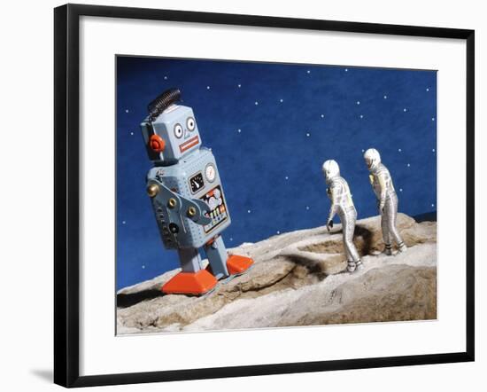 Astronaut Figurines Standing Beside Gray Toy Rocket-null-Framed Photographic Print