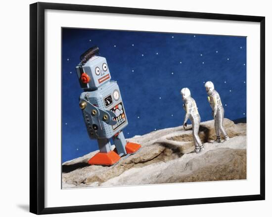 Astronaut Figurines Standing Beside Gray Toy Rocket-null-Framed Photographic Print