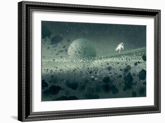 Astronaut Floating in Asteroid Field,Mysterious Space,Illustration Painting-Tithi Luadthong-Framed Art Print