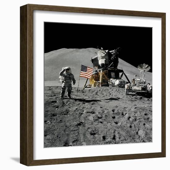 Astronaut Jim Irwin Saluting the American Flag During the Apollo 15 Mission, 1971-null-Framed Photographic Print