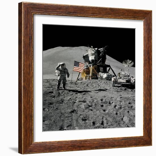 Astronaut Jim Irwin Saluting the American Flag During the Apollo 15 Mission, 1971-null-Framed Photographic Print