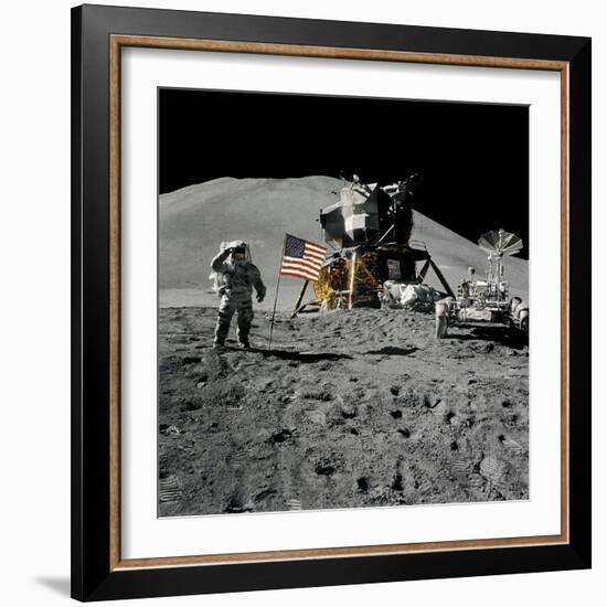 Astronaut Jim Irwin Saluting the American Flag During the Apollo 15 Mission, 1971-null-Framed Photographic Print