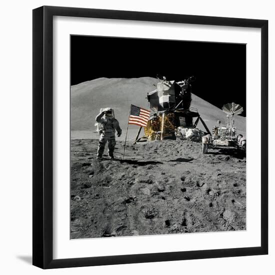 Astronaut Jim Irwin Saluting the American Flag During the Apollo 15 Mission, 1971-null-Framed Photographic Print