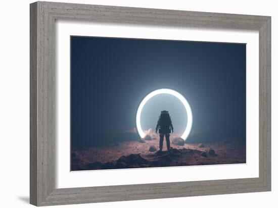 Astronaut on foreign planet in front of spacetime portal light-Michal Bednarek-Framed Premium Giclee Print