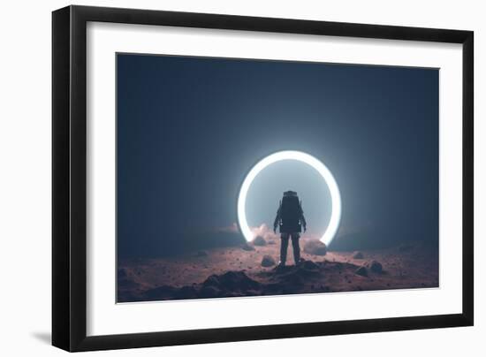 Astronaut on foreign planet in front of spacetime portal light-Michal Bednarek-Framed Premium Giclee Print