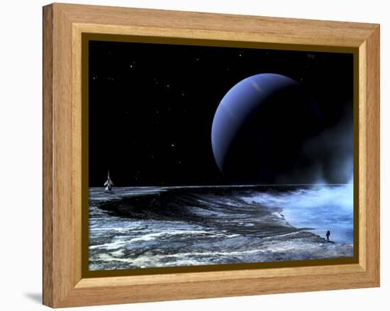 Astronaut Standing on the Edge of a Lake of Liquid Methane at the Bottom of a Large Impact Crater-null-Framed Premier Image Canvas