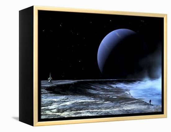 Astronaut Standing on the Edge of a Lake of Liquid Methane at the Bottom of a Large Impact Crater-null-Framed Premier Image Canvas