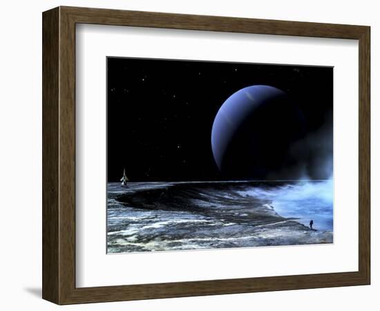 Astronaut Standing on the Edge of a Lake of Liquid Methane at the Bottom of a Large Impact Crater-null-Framed Photographic Print