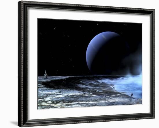 Astronaut Standing on the Edge of a Lake of Liquid Methane at the Bottom of a Large Impact Crater-null-Framed Photographic Print