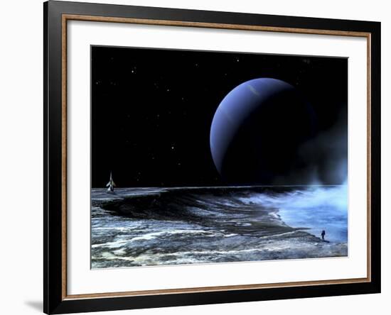 Astronaut Standing on the Edge of a Lake of Liquid Methane at the Bottom of a Large Impact Crater-null-Framed Photographic Print