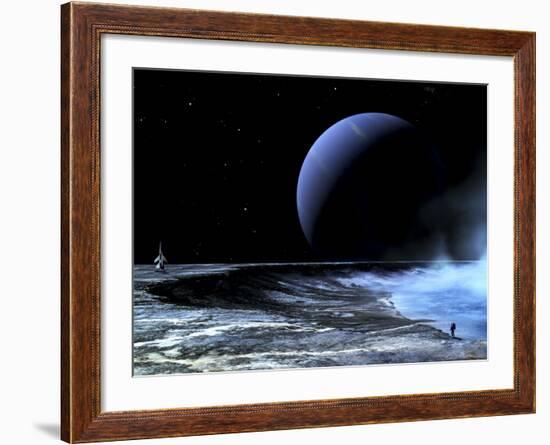 Astronaut Standing on the Edge of a Lake of Liquid Methane at the Bottom of a Large Impact Crater-null-Framed Photographic Print