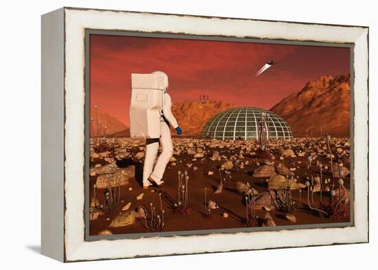 Astronaut Walking across the Surface of Mars Towards a Habitat Dome-Stocktrek Images-Framed Stretched Canvas