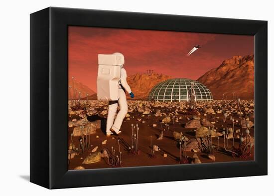 Astronaut Walking across the Surface of Mars Towards a Habitat Dome-Stocktrek Images-Framed Stretched Canvas