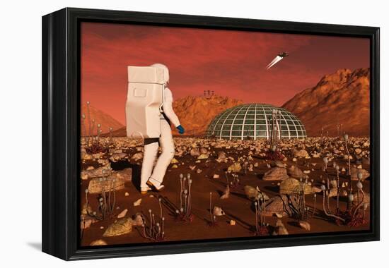 Astronaut Walking across the Surface of Mars Towards a Habitat Dome-Stocktrek Images-Framed Stretched Canvas