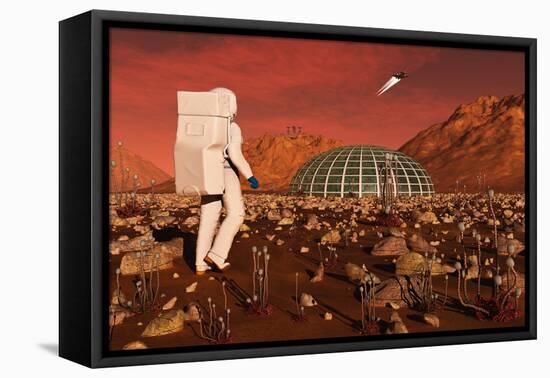 Astronaut Walking across the Surface of Mars Towards a Habitat Dome-Stocktrek Images-Framed Stretched Canvas