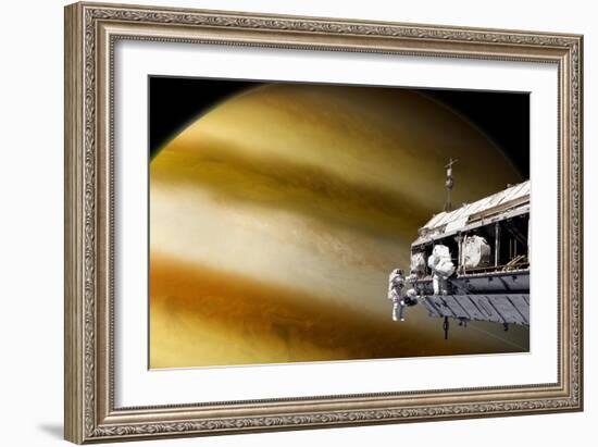 Astronauts Performing Work on a Space Station While Orbiting a Large Alien Planet-null-Framed Art Print