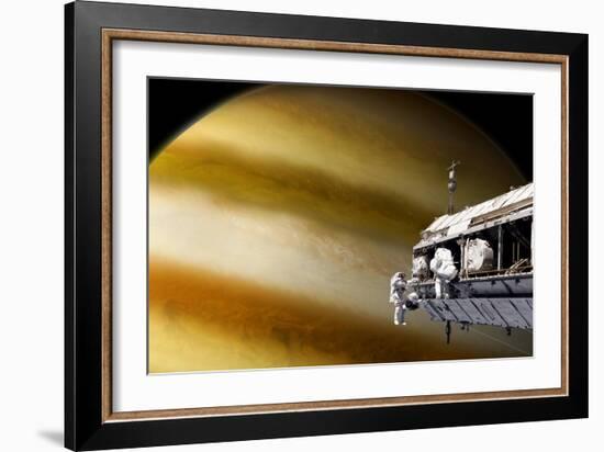 Astronauts Performing Work on a Space Station While Orbiting a Large Alien Planet-null-Framed Art Print