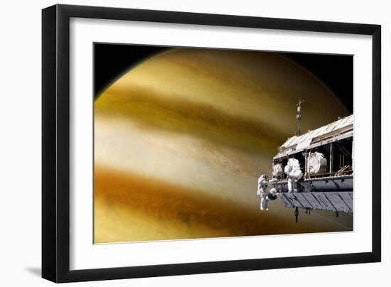 Astronauts Performing Work on a Space Station While Orbiting a Large Alien Planet-null-Framed Art Print