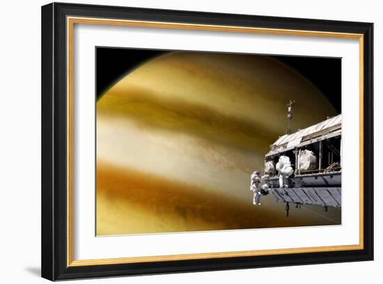 Astronauts Performing Work on a Space Station While Orbiting a Large Alien Planet-null-Framed Art Print