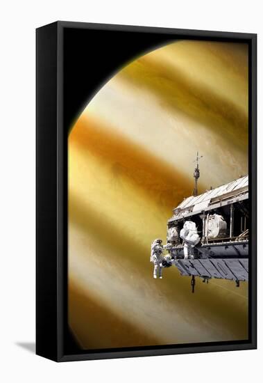 Astronauts Performing Work on a Space Station While Orbiting a Large Alien Planet-null-Framed Stretched Canvas