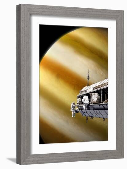 Astronauts Performing Work on a Space Station While Orbiting a Large Alien Planet-null-Framed Art Print