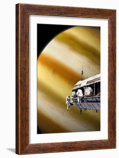 Astronauts Performing Work on a Space Station While Orbiting a Large Alien Planet-null-Framed Art Print