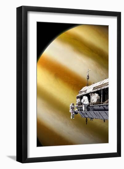 Astronauts Performing Work on a Space Station While Orbiting a Large Alien Planet-null-Framed Art Print