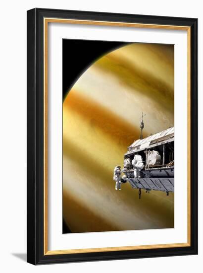 Astronauts Performing Work on a Space Station While Orbiting a Large Alien Planet-null-Framed Art Print